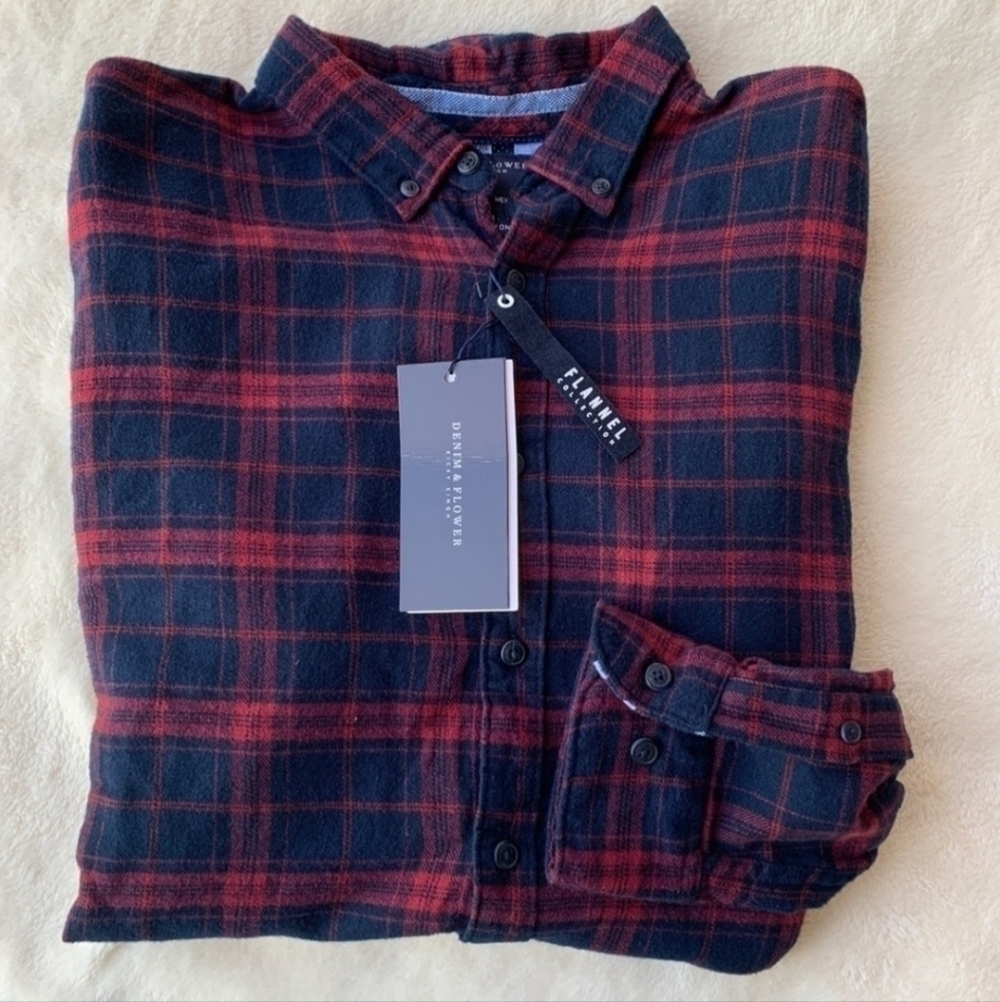 NWT Denim & Flower Plaid Slim Fit Flannel Button Down Shirt Men's S 38 Blue Red